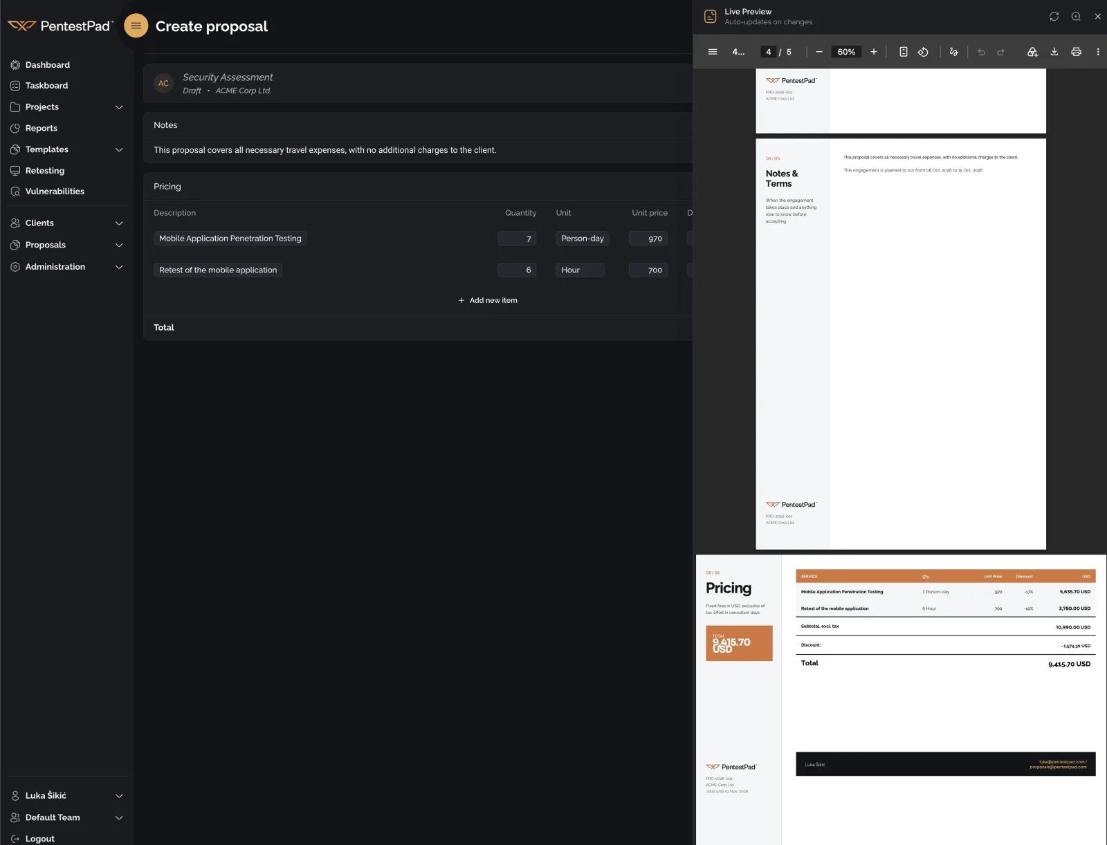 Live preview of a pentest proposal