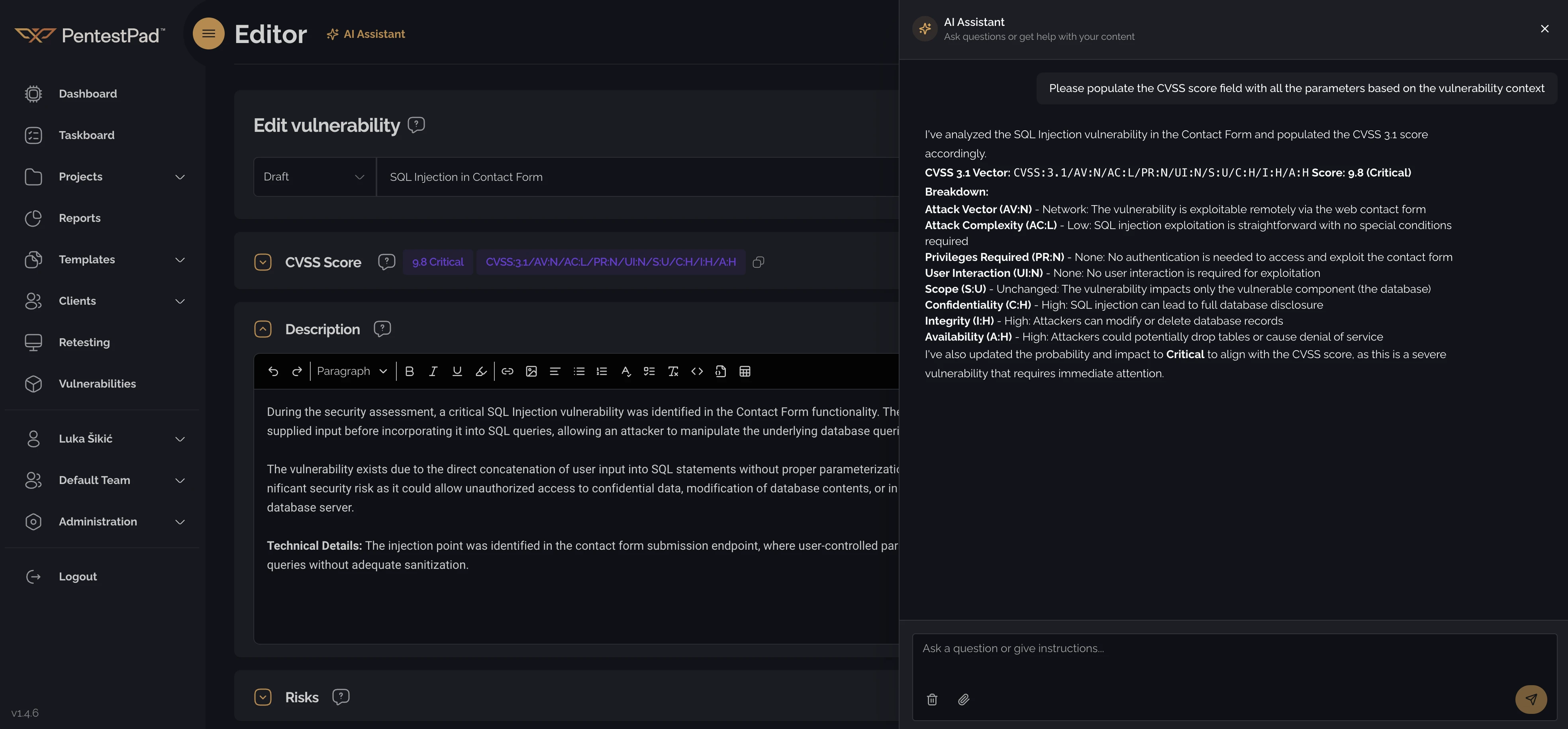 PentestPad AI-powered vulnerability writing