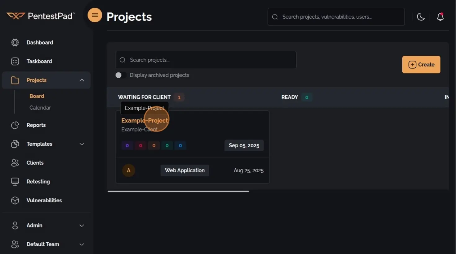 Project list on the Project Board with one project selected