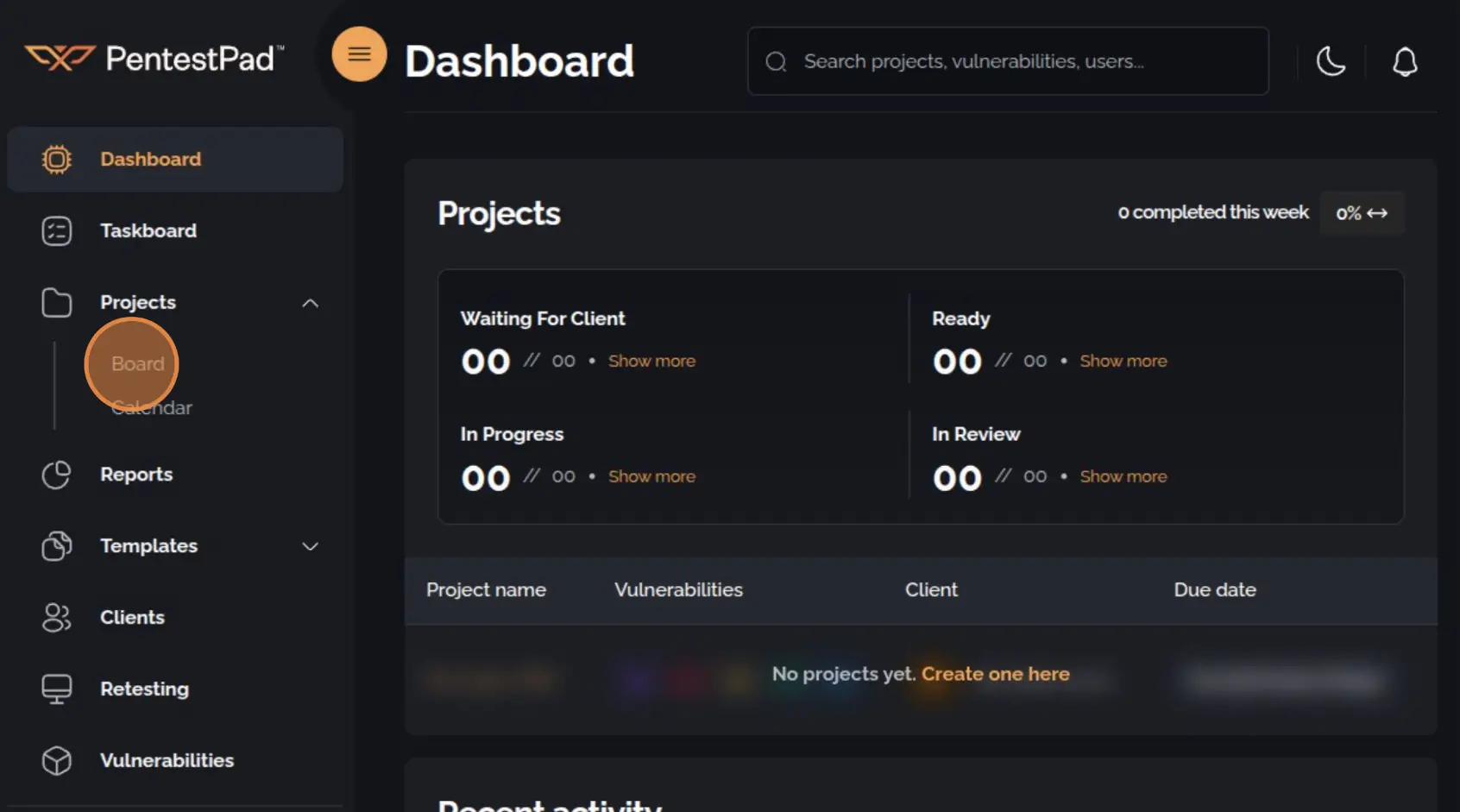 Navigation menu with Projects dropdown and Board option highlighted
