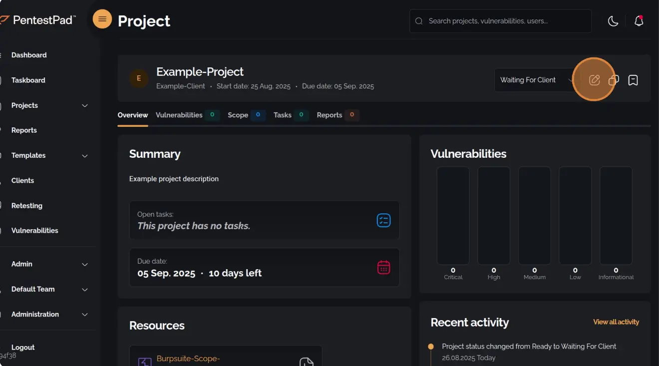 Edit icon displayed in the Project Overview menu