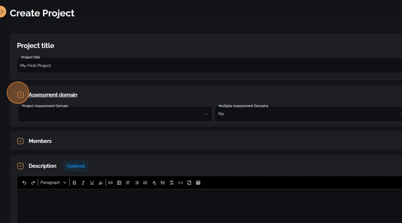 Input field for defining the assessment domain