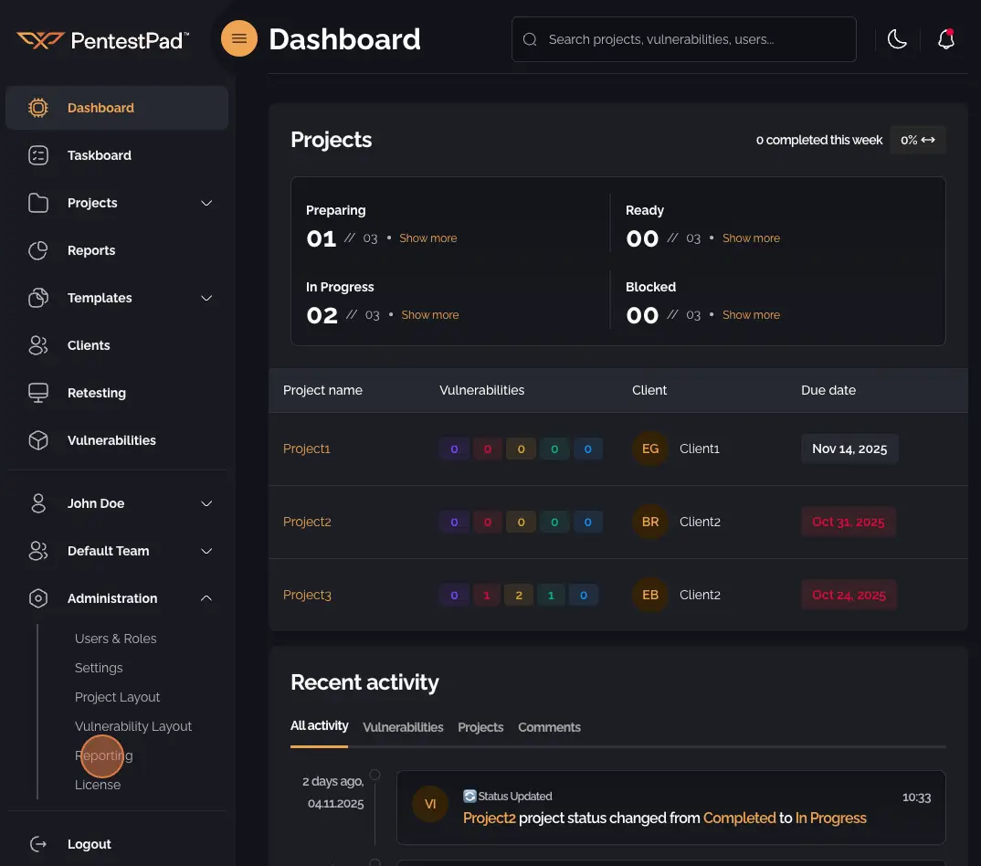 Navigation menu with Administration dropdown and Reporting option highlighted