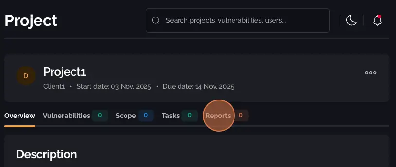 Project overview with Reports link highlighted in overview navigation