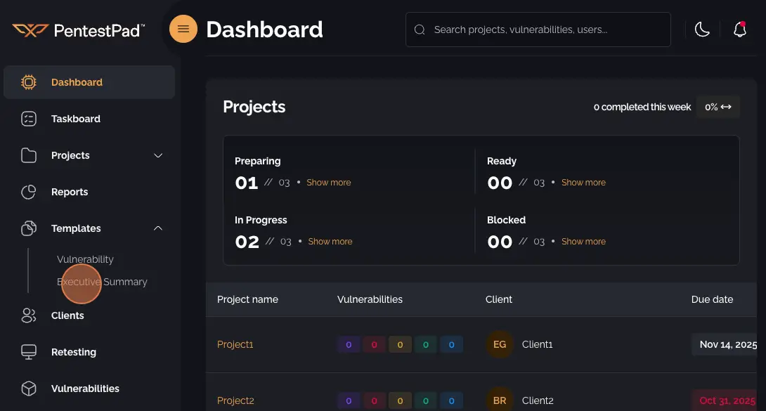 Navigation menu with Templates dropdown and Executive Summary option highlighted