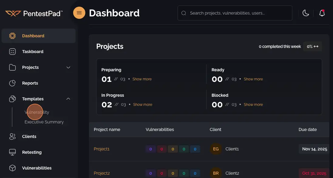 Navigation menu with Templates dropdown and Vulnerability option highlighted