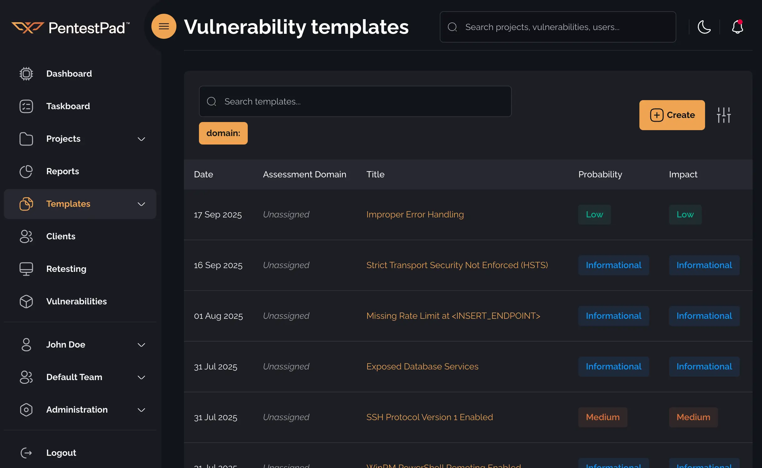 Vulnerability page table with search bar