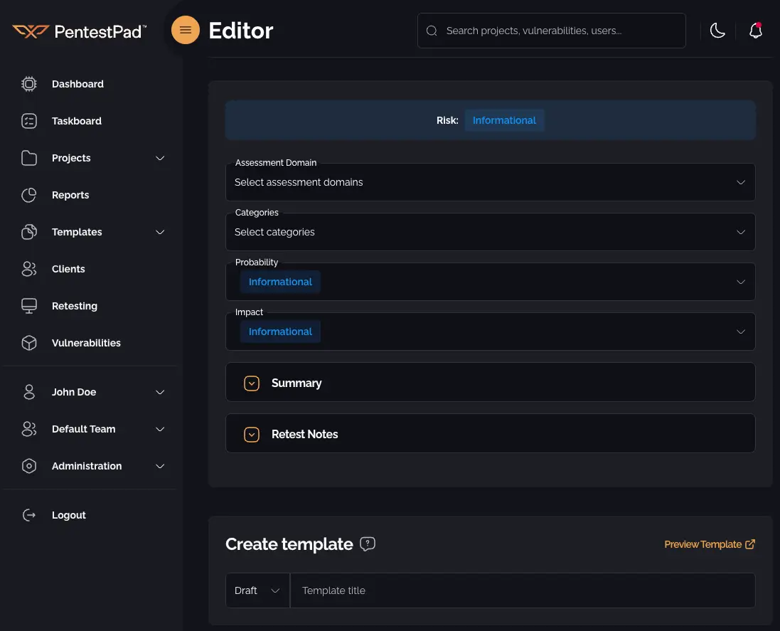 Vulnerability template editor page